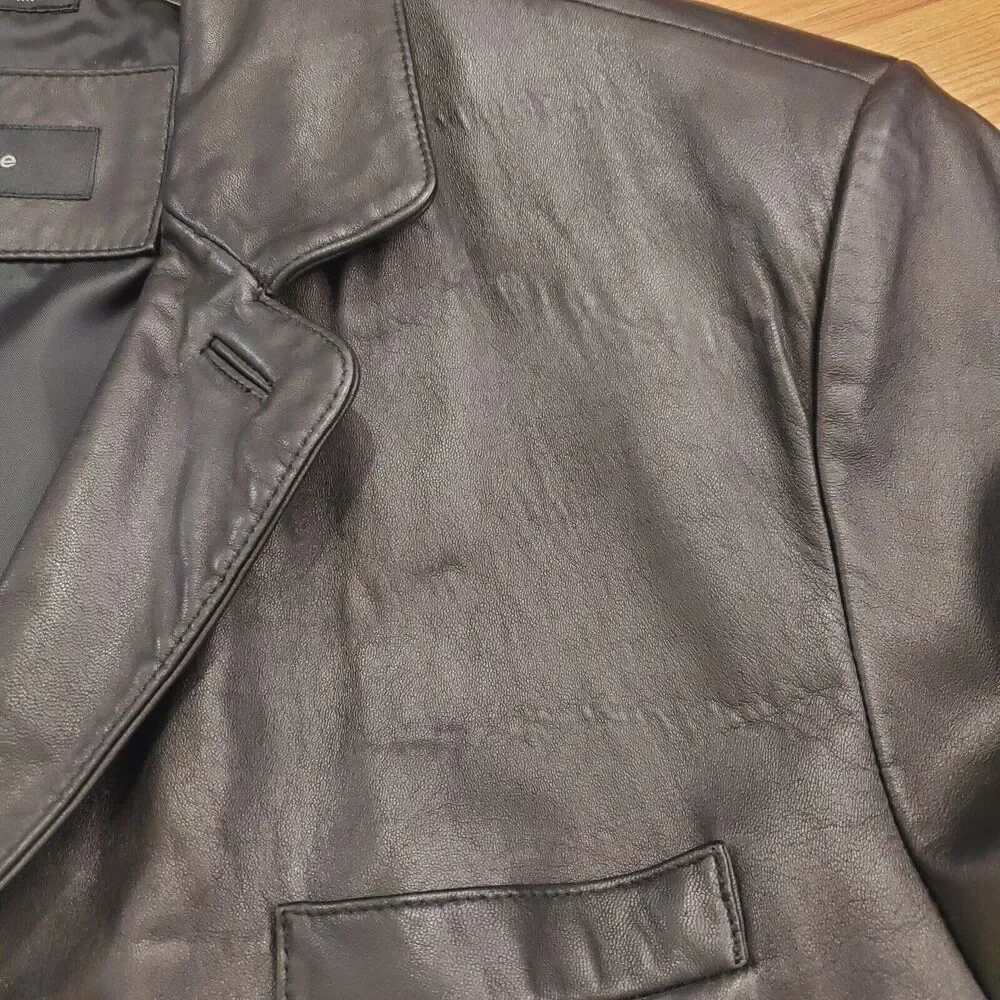 Claiborne Longer Coat Men 1X Black Lambskin Leather Jacket 3 Button Lined Blazer